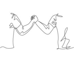 Continuous line drawing of two men wearing shirt handshaking to show sportsmanship at match field. Teamwork together in sport concept. One line drawing graphic design, vector illustration