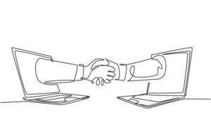 Continuous line drawing of business men shaking hand to deal a project. Hand come out from laptop screen. Digital online transaction concept. One line drawing graphic design, vector illustration