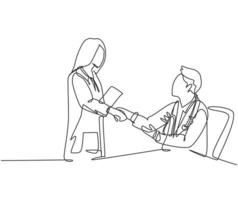 Continuous line drawing of young female doctor handshake with male doctor at hospital. Great healthcare teamwork concept. One line drawing vector illustration