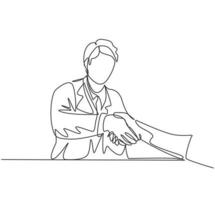 Continuous line drawing of young doctor handshake the patient in hospital after running test on lab. Healthcare medical check up concept. One line drawing vector illustration