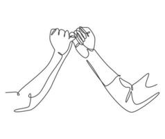 One line drawing of two hands hook each other their little fingers. Friendship bond in continuous line drawing design style. Promise concept vector graphic illustration