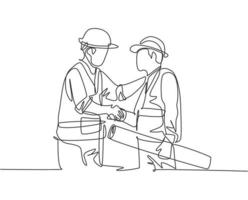 One line drawing of young architect holding on a roll paper and builder foreman wearing construction vest and helmet handshake to deal a project. Great teamwork concept. Continuous line drawing vector