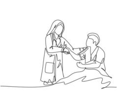 Continuous line drawing of young happy female doctor visit a patient who laying on bed in hospital and handshaking him to ask the condition.  Healthcare concept. One line drawing vector illustration