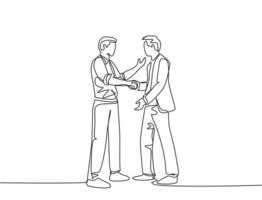 Single line drawing of businessmen handshaking his business partner after their project goal. Great teamwork. Business deal concept with continuous line draw style vector graphic illustration