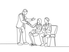 One line drawing of company manager meet and handshaking employee candidates while sitting on chair to take job interview. Modern continuous line draw design vector graphic illustration