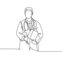 Continuous line drawing of doctor welcoming the patient with handshake gesture. Greeting in hospital and healthcare center concept. One line drawing vector illustration