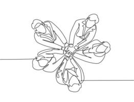 Top view single line drawing of businessmen and business woman handshaking each other. Great teamwork commitment. Business deal concept with continuous line draw style graphic vector illustration