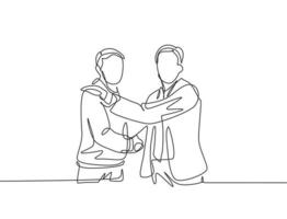 Single line drawing of businessmen handshaking his business partner after getting big project. Great teamwork. Business deal concept with continuous line draw style vector graphic illustration