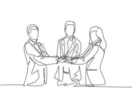 Single line drawing of businessmen and business women handshaking each other. Great teamwork commitment. Business deal concept with continuous line draw style graphic vector illustration