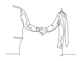 Single line drawing of businessmen in suite handshaking his business partner. Great teamwork. Business deal concept with trendy continuous line draw style graphic vector illustration