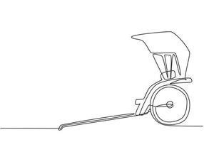 Single continuous line drawing pulled rickshaw from the side, an ancient vehicle in China and Japan with two wheels and pulled by humans. Dynamic one line draw graphic design vector illustration.