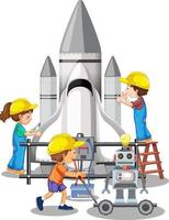 Los niños construyen una nave espacial juntos sobre fondo blanco. vector