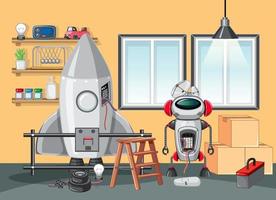 Spaceship and robot in room scene vector