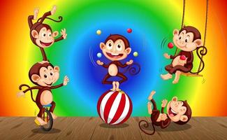 Monkeys doing different activities on rainbow gradient background vector