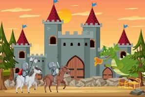Knight riding horse in front of castle vector