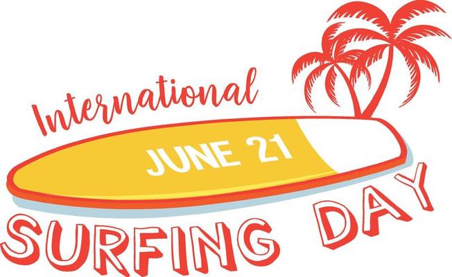 International Surfing Day font with surfboard banner isolated