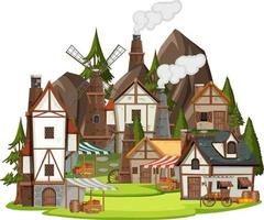 Medieval village scene on white background vector