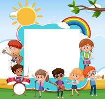 Empty board with kids playing different musical instruments vector