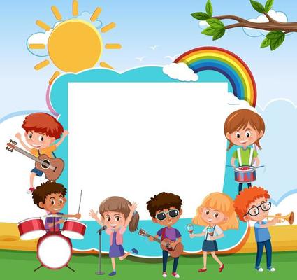 Empty board with kids playing different musical instruments