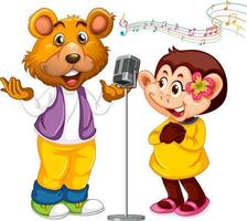 Bear and monkey singing with microphone vector