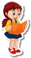 Sticker template with a girl reading a book cartoon character isolated vector