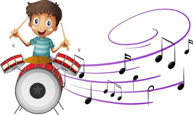 Cartoon character of a boy playing drum with musical melody symbols