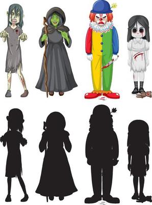 Set of halloween ghost characters with silhouettes