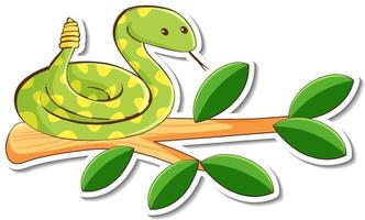 personaje de dibujos animados de serpiente de cascabel verde en una rama pegatina vector