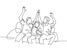 One line drawing of fans siting on sofa and watching their favorite club playing the match on television and giving high five gesture. Fans club concept continuous line draw design vector illustration