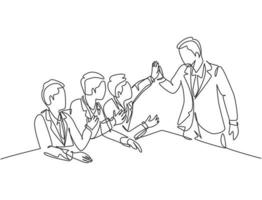 One line drawing group of businessmen celebrating their successive goal at the business meeting with high five gesture. Business deal concept continuous line graphic draw design vector illustration