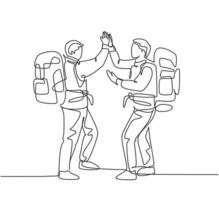 One line drawing of two young happy tourist carrying backpack to go to holiday and gives high five gesture. Backpacker traveling concept continuous line graphic draw design vector illustration