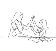 un dibujo de una joven madre feliz acompaña a su hija a estudiar estudiando y leyendo un libro mientras da cinco gestos. concepto de crianza línea continua dibujar diseño gráfico ilustración vectorial