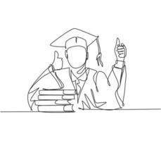 One line drawing of young happy graduate male college student wearing graduation uniform and giving thumbs up gesture in front of books stack. Education concept continuous line draw design vector