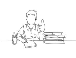 One line drawing of young happy boy student study diligently beside the stack of books and giving thumbs up gesture. Education concept continuous line graphic draw design vector illustration