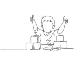 Single line drawing of young happy boy playing stack of puzzle block on table and giving thumbs up gesture in kindergarten class. Business deal continuous line draw design graphic vector illustration