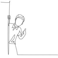 One line drawing of young happy student boy school student appeared from behind the wall and giving thumbs up gesture. Education concept continuous line draw design vector graphic illustration