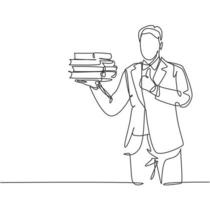 Single line drawing of young business man carrying stack of books on his hand and giving thumbs up gesture. Business education concept. Continuous line draw design vector graphic illustration