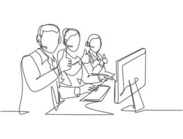 Single line drawing group of young male and female call center workers sitting in front of computer and giving thumbs up gesture. Customer service business concept continuous line draw design vector