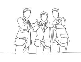 Single line drawing of young businessmen wearing suit standing up together after meeting and giving thumbs up gesture. Business owner teamwork concept. Continuous line draw design vector illustration