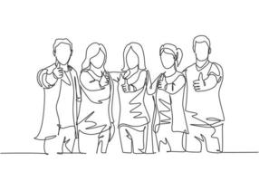 Single line drawing group of young happy businessmen and businesswomen standing up and giving thumbs up gesture together. Business meeting concept. Continuous line draw design vector illustration