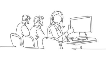 grupo de dibujo de una sola línea de jóvenes trabajadores masculinos y femeninos del centro de llamadas sentados frente a la computadora y dando el pulgar hacia arriba gesto. concepto de negocio de servicio al cliente. vector de diseño de dibujo de línea continua