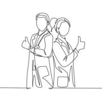 Single line drawing of young happy couple male and female doctor standing together and giving thumbs up gesture. Medical healthcare teamwork concept. Continuous line draw design vector illustration