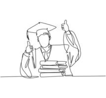 One line drawing of young happy graduate male college student wearing graduation uniform and giving thumbs up gesture in front of books stack. Education concept continuous line draw design vector