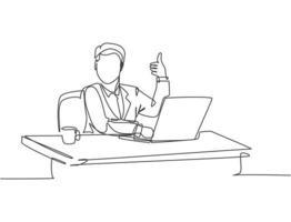 Single line drawing of young businessman sitting on chair in front of laptop and giving thumbs up gesture. Success business manager concept. Continuous line draw design vector graphic illustration