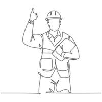 Single line drawing of young construction worker foreman carrying clipboard and giving thumbs up gesture. Building constructor concept. Continuous line draw design vector illustration