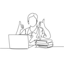 Single line drawing of young happy male college student study in the campus library beside stack of books and laptop. Education concept. Continuous line draw design vector illustration