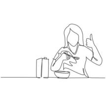 One line drawing of young happy woman eating breakfast with cereal and milk and giving thumbs up. Healthy nutrition food concept. Continuous line draw design vector graphic illustration