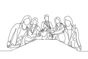 Single line drawing group of young happy businessmen and businesswoman standing up together and giving thumbs up gesture. Business meeting concept. Continuous line draw design vector illustration