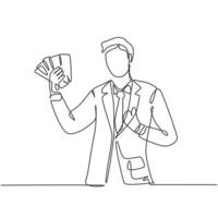 One line drawing of young happy successful businessman show money paper stack and gives thumbs up gesture. Business success concept. Continuous line draw design vector graphic illustration