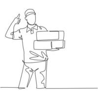 One line drawing of young happy delivery man gives thumbs up gesture while lift up carton box packages to customer. Delivery service business concept. Continuous line draw design vector illustration